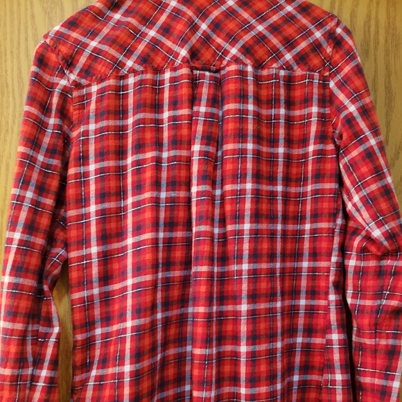 Cute red plaid flannel shirt with silver metallic threads throughout. Like new - Picture 6 of 8